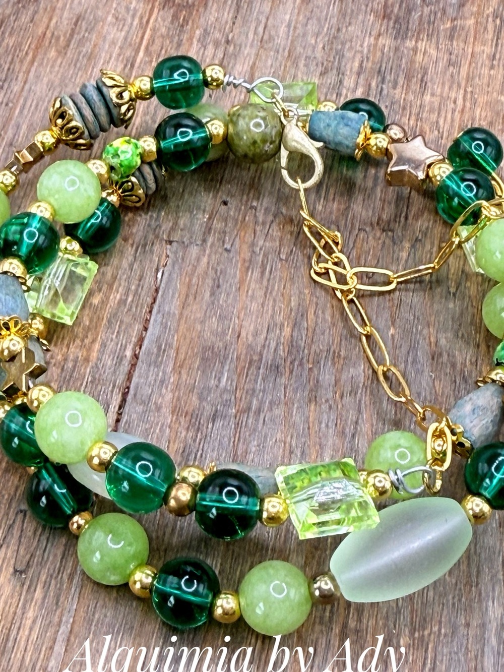 Green Peridot and Quartz  gold  triple layered beaded bracelet